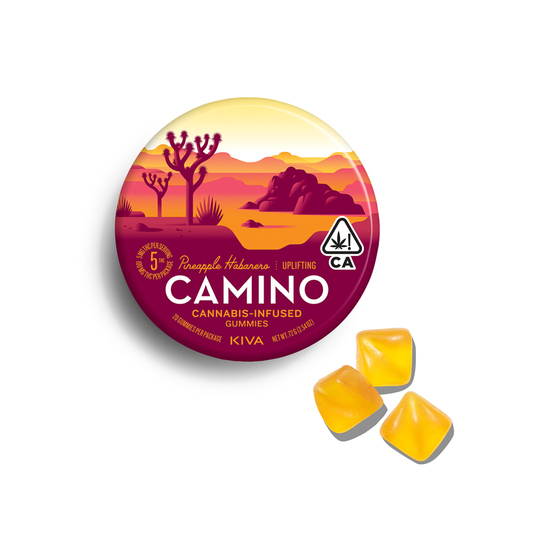 Camino tin beside orange gummies