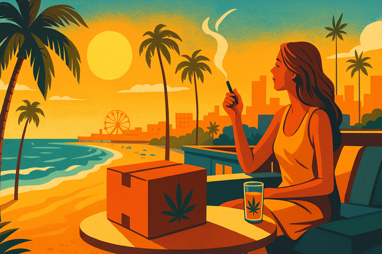 Retro-inspired illustration of a woman sitting on a rooftop overlooking a palm-lined beach at sunset. A cannabis delivery box and a branded infused drink sit on the table in front of her as she holds a vape pen, with the Santa Monica Pier Ferris wheel and a glowing orange sky in the background.