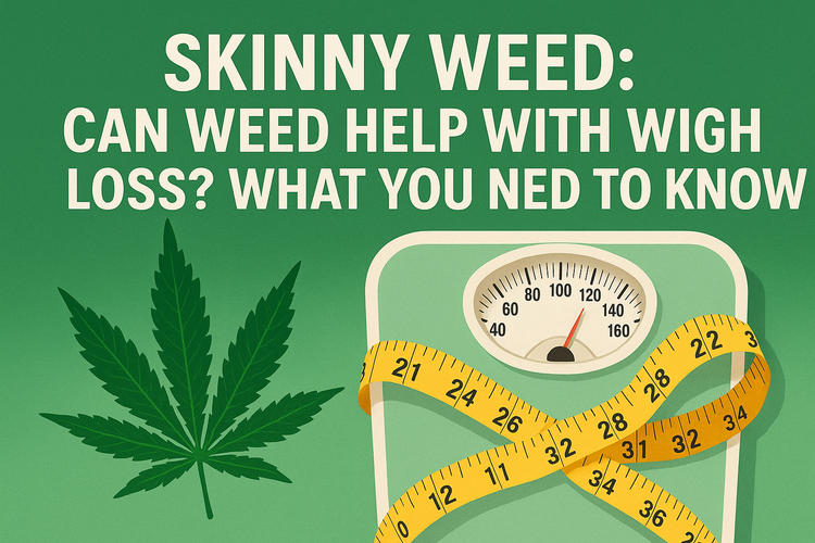 Illustration featuring a cannabis leaf, a bathroom scale, and a yellow measuring tape, symbolizing the connection between marijuana use and weight loss.