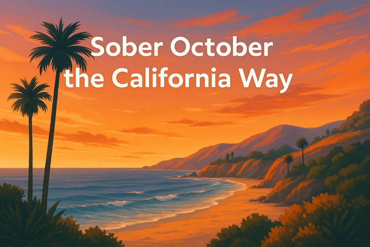 Friends enjoying cannabis-infused drinks, tinctures, and gummies around a California beach bonfire at sunset — Sober October with HERB Delivery.
