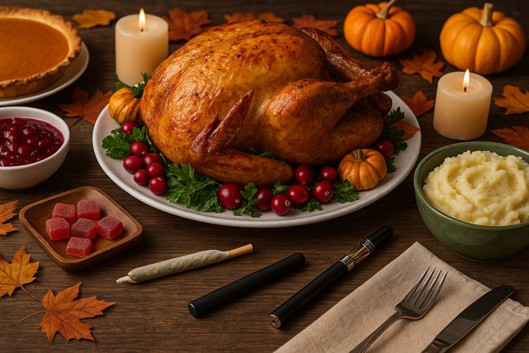 A warm Thanksgiving dinner table scene with roast turkey, pumpkin pie, autumn decorations, and discreet cannabis items like gummies, a vape pen, and a pre-roll.