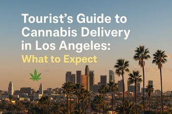 Los Angeles skyline at sunset with palm trees and blog title “Tourist’s Guide to Cannabis Delivery in Los Angeles: What to Expect.