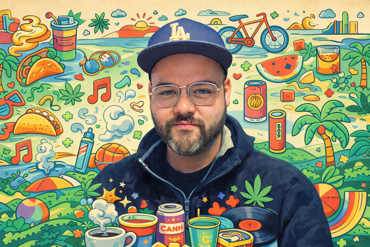 Portrait of Nick, co-founder of HERB, set against an illustrated Los Angeles background featuring food, music, and cannabis culture.