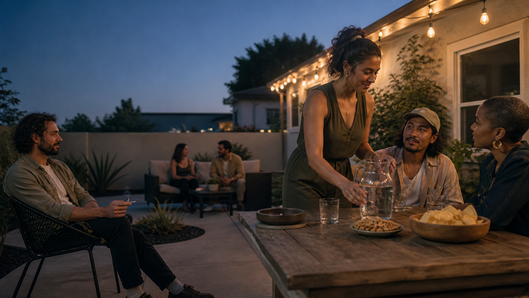 End-of-Summer Backyard Cannabis Sesh in Los Angeles Six adults gather in a Los Angeles backyard at dusk as a host pours water beside snacks and one guest holds a pre-roll.